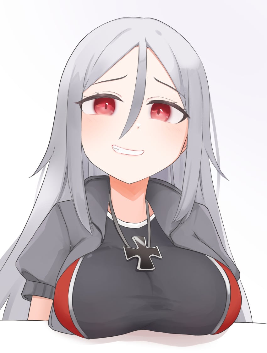 big_breasts breast_apart breasts breasts_on_table breasts_visible_through_clothing clothed daebom eye_contact eyelashes grey_clothing grey_hair high_resolution highres iron_cross long_hair me262_(daebom) messerschmitt_me_262 red_eyes silver_hair smile smiling smiling_at_viewer very_long_hair war_thunder white_background white_skin