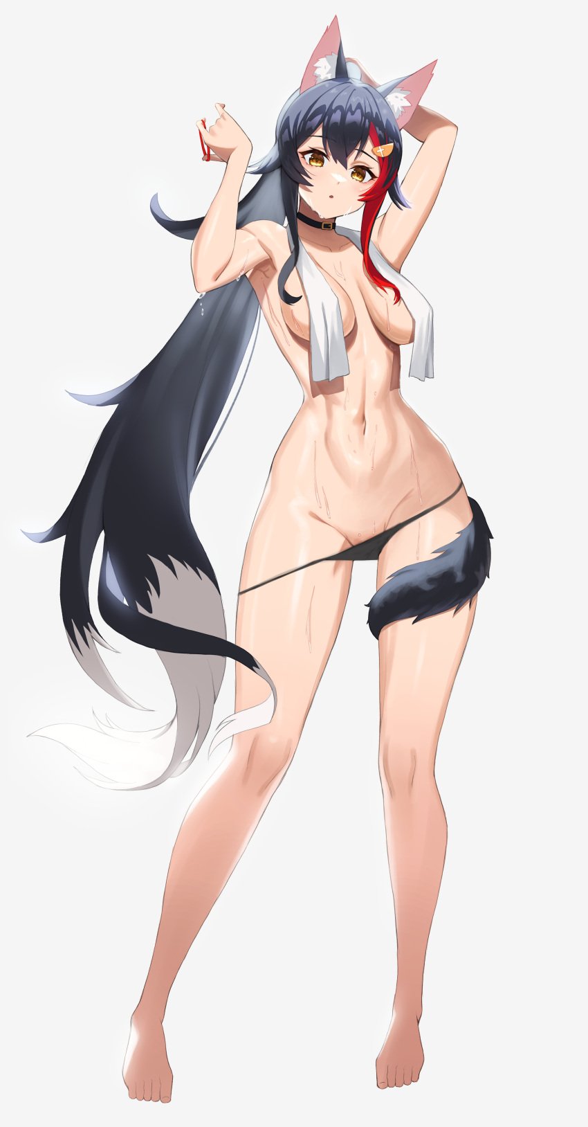 abs absurdres animal_ear_fluff animal_ears arms_up black_hair black_panties breasts brown_eyes colored_tips commentary female full_body grey_background hair_ornament hair_tie highres hololive hololive_gamers hololive_japan legs long_hair looking_at_viewer multicolored_hair navel ookami_mio panties panty_pull partially_undressed red_hair revision solo standing stomach streaked_hair tail tail_around_leg towel towel_around_neck tying_hair underwear very_long_hair virtual_youtuber wangjook_(wj) wet white_hair wolf_ears wolf_girl wolf_tail