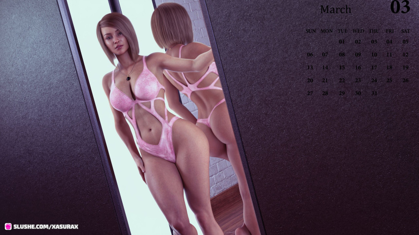 1girls 2022 3d calendar_(medium) dutch_angle female female_only hand_on_hip jacqueline_(xasurax) looking_at_viewer march_(month) necklace original_character slushe_(website) solo solo_female standing xasurax