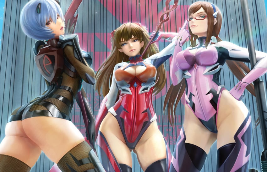 3girls artist_request ass asuka_langley_sohryu blue_hair breasts brown_hair cleavage clothing female female_only glasses human interface_headset lance_of_longinus large_breasts leotard light_skin light_skinned_female long_hair looking_at_viewer mari_illustrious_makinami multiple_girls neon_genesis_evangelion orange_hair pale-skinned_female pale_skin pilot_suit plugsuit rebuild_of_evangelion red_eyes rei_ayanami short_hair stockings thighhighs trio