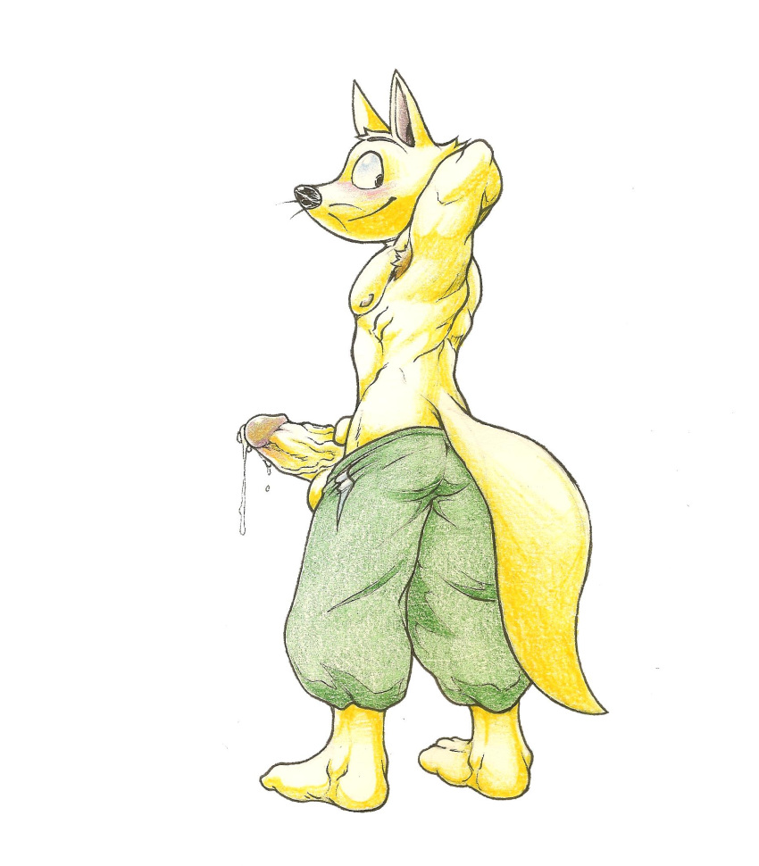 1boy 2019 anthro armpit_tuft baggy_pants barefoot big_penis blush bodily_fluids canid canine clothed clothing dripping embarrassed erection feet fox fur genital_fluids genitals hi_res holding_penis humanoid_genitalia humanoid_penis kaiketsu_zorori male male_only mammal masturbation nipples penis precum precum_drip solo solo_male topless utx-shapeshifter vein veiny_penis yellow_body yellow_fur zorori