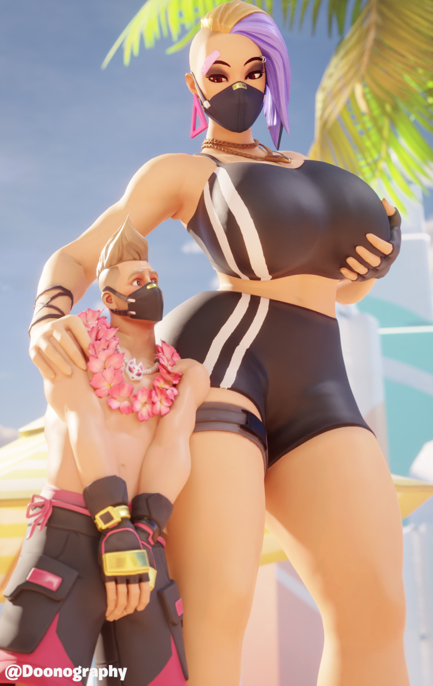 3d beach bikini black_clothing black_eyeshadow blender breasts breasts catalyst_(fortnite) dominant_female doonography drift_(fortnite) duo dyed_hair embarrassed erection female female/male fortnite fortnite:_battle_royale giantess hiding_erection holding_breast holding_breasts_up male male/female masks purple_hair red_eyes shaved_side size_difference summer_drift swimsuit thighs