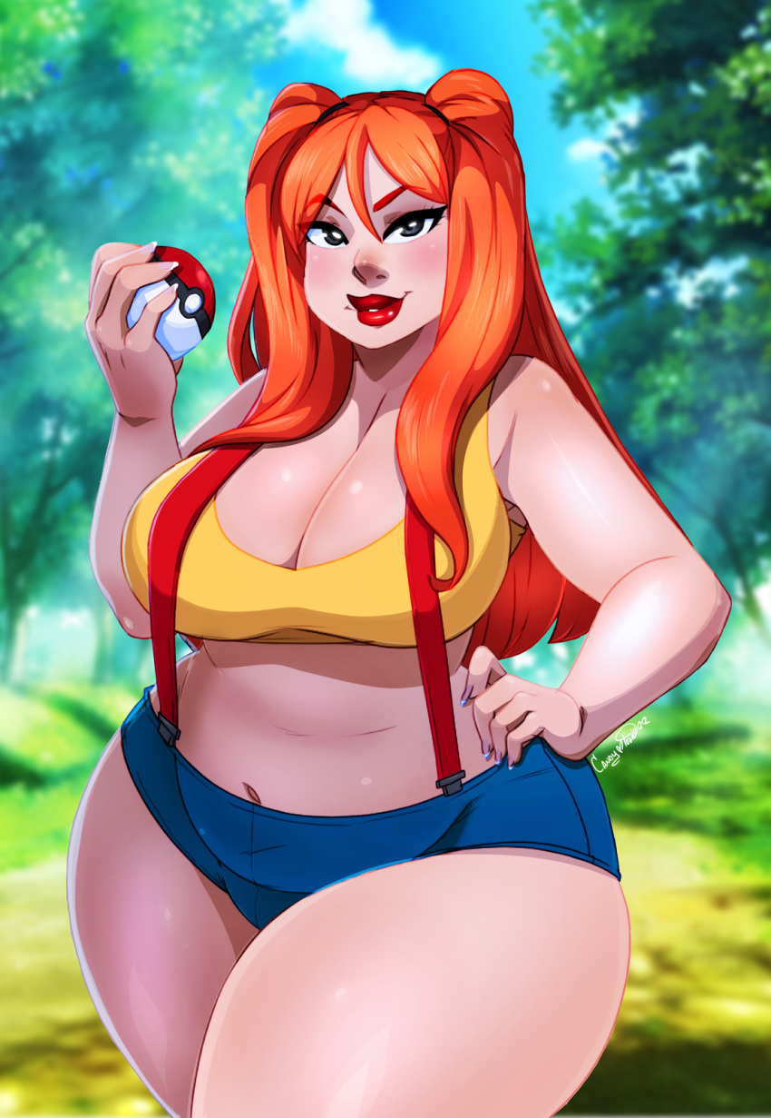 1girls big_breasts big_lips black_eyes blue_shorts booty_shorts bottomwear breasts chubby chubby_female cleavage female female_only game_freak huge_breasts ladycandy2011 large_breasts lips lipstick misty_(pokemon) nail_polish nails orange_hair plump pokeball pokemon red_lips red_lipstick short shorts solo solo_female suspender thick_lips thick_thighs thighs twintails voluptuous yellow_topwear