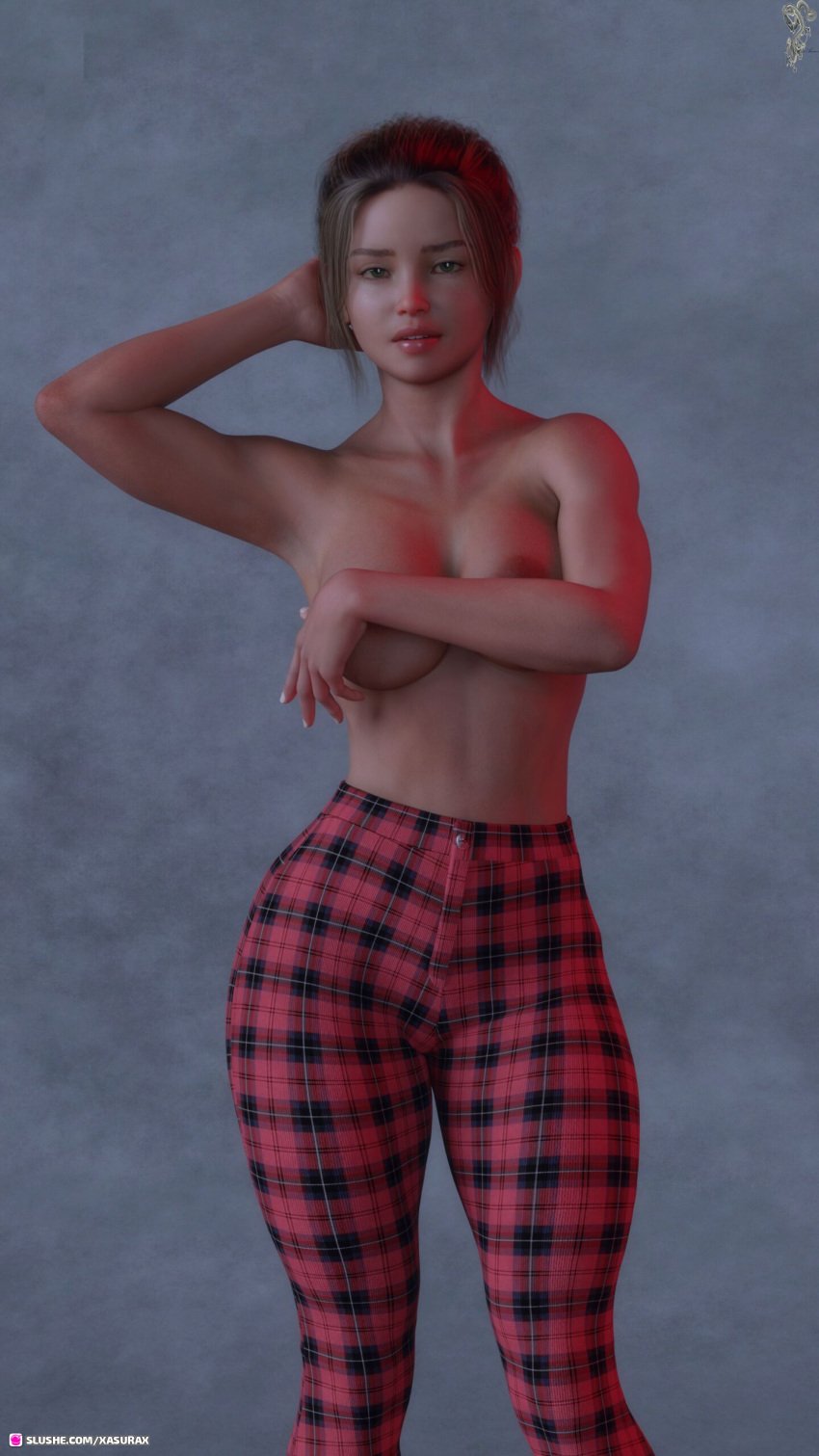 1girls 2022 3d arm_up brown_hair covering_breasts female female_only front_view large_breasts light-skinned_female looking_at_viewer natasha_(xasurax) one_arm_up original_character pants plaid_pants short_hair slushe_(website) solo solo_female standing topless xasurax