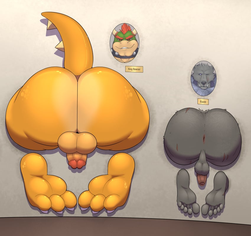 2022 3_toes 5_toes absurd_res anthro anus ass balls bara barefoot big_ass big_butt blaidd_(elden_ring) bowser canid canine canis claws collar digital_media_(artwork) duo elden_ring fangs feet fromsoftware fur genitals grey_body grey_fur hair hi_res horn humanoid_feet humanoid_genitalia humanoid_penis koopa male male_focus male_only mammal mario_(series) muscular muscular_male name_tag nintendo nude orange_body orange_scales penis perineum plantigrade portrait_(object) portraits presenting presenting_hindquarters scales scalie scar smile spikes take_your_pick through_wall toe_claws toes trianglepapaya video_games wolf yellow_body yellow_scales