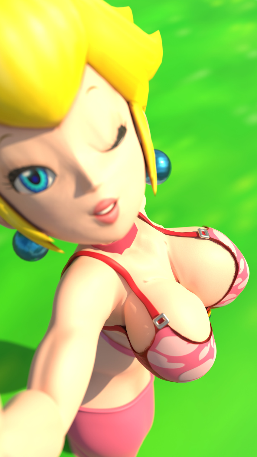 1girls 3d 4k blonde_hair blue_eyes bra breast_expansion breasts collar earrings heart_pattern highres jewelry large_breasts looking_at_viewer mario_(series) nintendo outside princess_peach selfie smile sticki_bun tagme underwear underwear_only wink winking_at_viewer