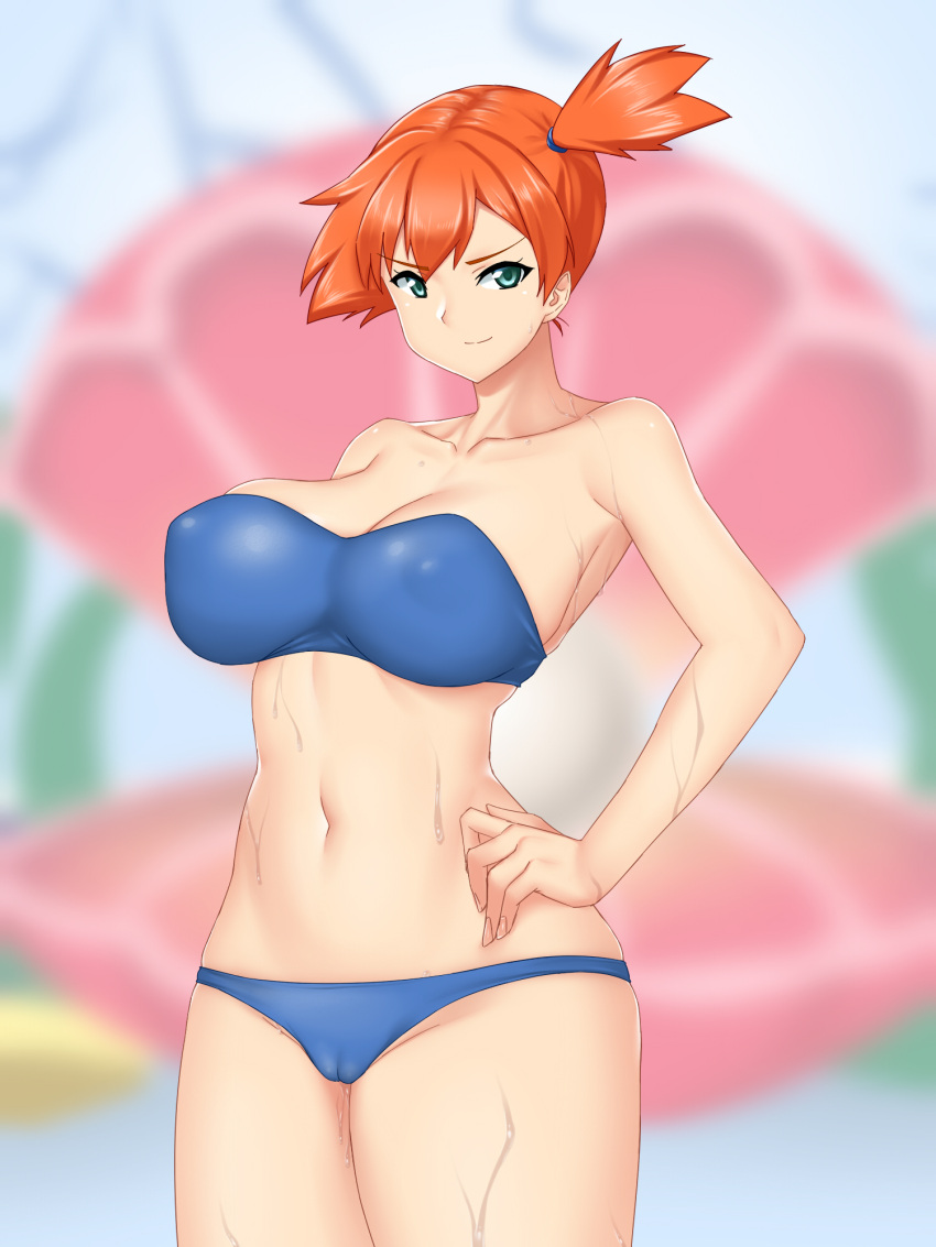 abs asymmetrical_hair bikini blue_bikini blue_swimsuit breasts cameltoe clothing erect_nipples faiya9 female female_only green_eyes high_resolution huge_breasts kasumi_(pokemon) large_breasts legs looking_at_viewer misty_(pokemon) muscle navel nipples pixiv_id_2249568 pokemon pokemon_(game) pokemon_character pokemon_rgby ponytail pussy short_ponytail side_ponytail simple_background solo swimsuit thighs tied_hair wet