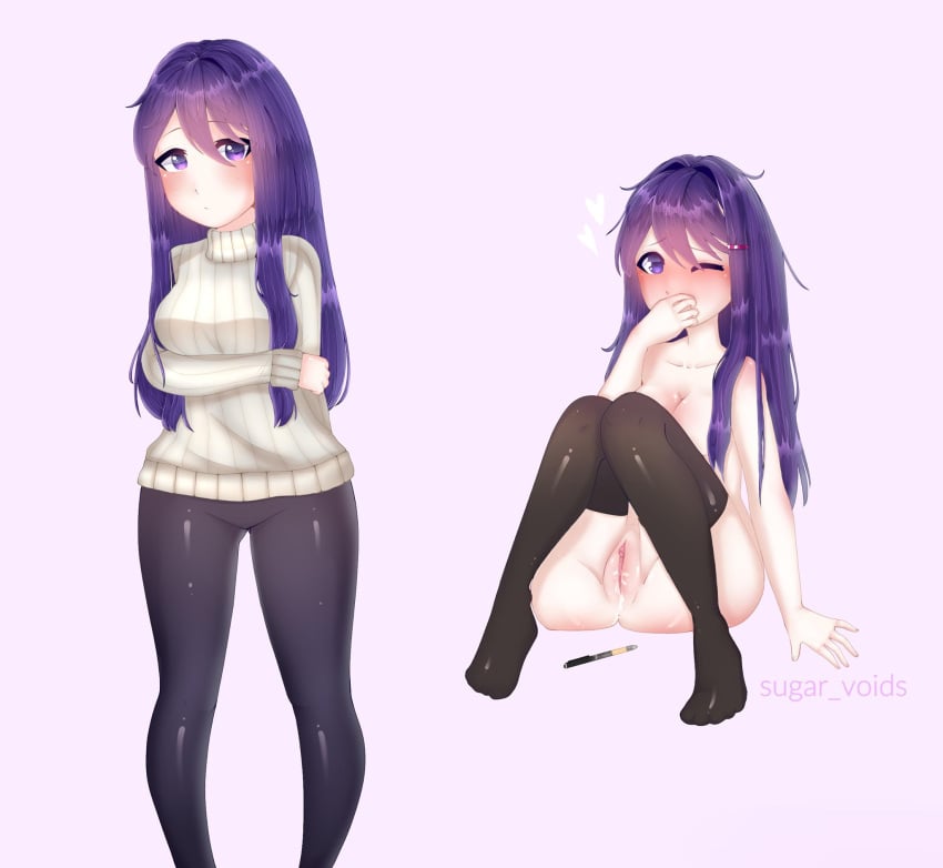 1girls big_ass big_breasts black_thighhighs blush blushing clitoris cum cum_drip doki_doki_literature_club fat_ass female hairclip hand_over_mouth heart holding_arm leggings looking_at_viewer naked nude one_eye_closed pen purple_eyes purple_hair pussy pussy_juice pussy_juice_drip sitting sugar_voids_(artist) thighhighs turtleneck turtleneck_sweater wet wet_pussy white_hearts yuri_(doki_doki_literature_club)