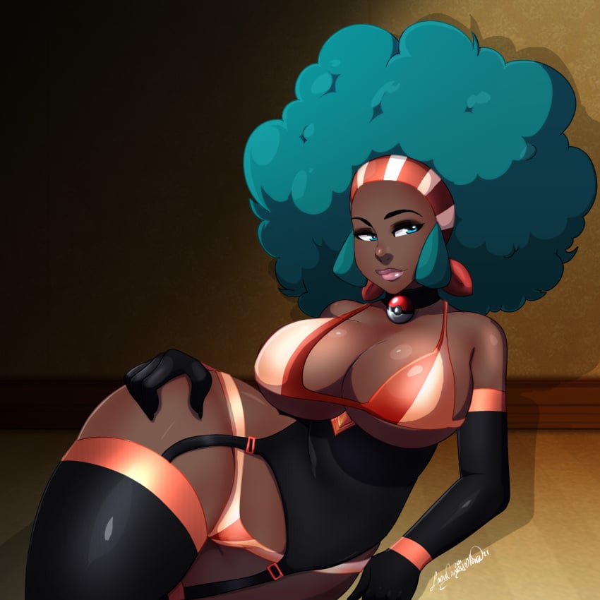 1girls afro armwear big_breasts big_lips breasts choker cleavage dark-skinned_female dark_skin female female_only game_freak garter_straps hair huge_breasts ladycandy2011 lenora_(pokemon) lips mature mature_female mature_woman milf mother plump pokeball pokemon pokemon_bw solo solo_female teal_eyes teal_hair thick_lips thick_thighs thighhighs