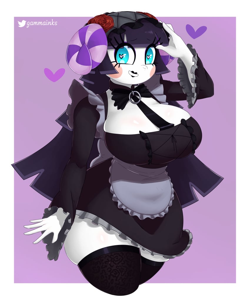 <3_eyes 2022 animal_crossing anthro big_breasts black_wool blue_eyes breasts cleavage clothed clothing female fur furry furry_female furry_only gammainks goth hand_on_head heart high_thighs large_breasts looking_at_viewer maid_apron maid_headdress maid_outfit maid_uniform makeup muffy_(animal_crossing) nintendo purple_horns sheep sheep_girl solo thick_thighs thighs