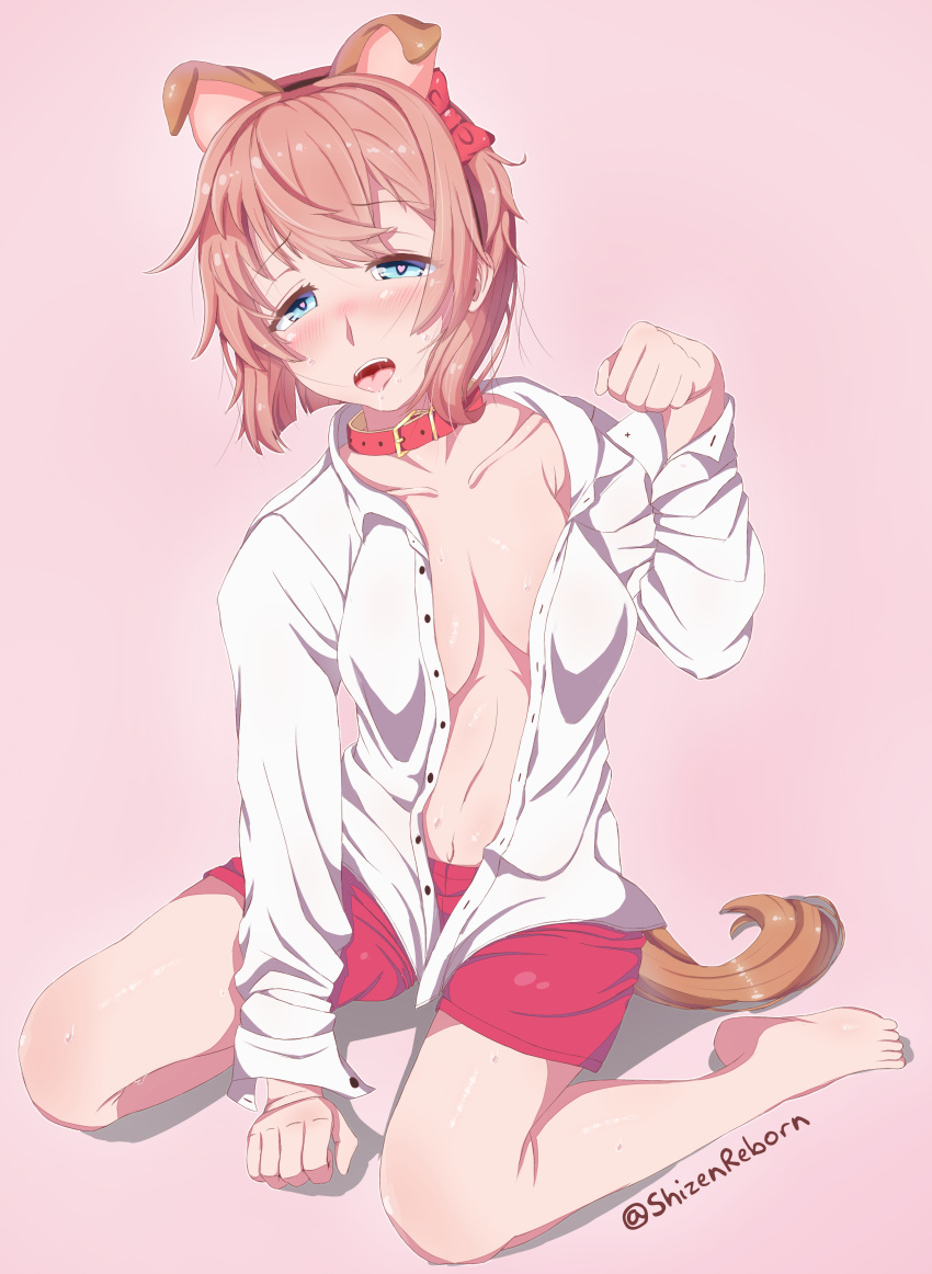 1girls blue_eyes bow canine collar dog_ears dog_girl dog_tail doki_doki_literature_club drool drooling just_sayori looking_at_viewer mostly_clothed open_mouth orange_hair petplay red_bow red_collar red_shorts sayori_(doki_doki_literature_club) shizenreborn shorts sitting solo solo_female tongue tongue_out unbuttoned unbuttoned_shirt white_shirt