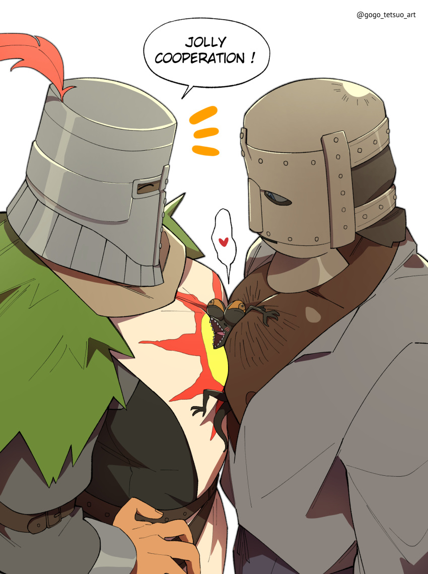 2boys bara_tits basilisk_(fromsoftware) big_chest big_pecs blackguard_big_boggart breast_docking breasts_to_breasts chest_hair choking crossover dark-skinned_male dark_souls elden_ring english_text fromsoftware fully_clothed funny gogo_tetsuo_art helmet knight light-skinned_male male male_focus masked masked_male monster muscular muscular_male open_clothes open_shirt pec_smothering pecs solaire_of_astora speech_bubble wholesome