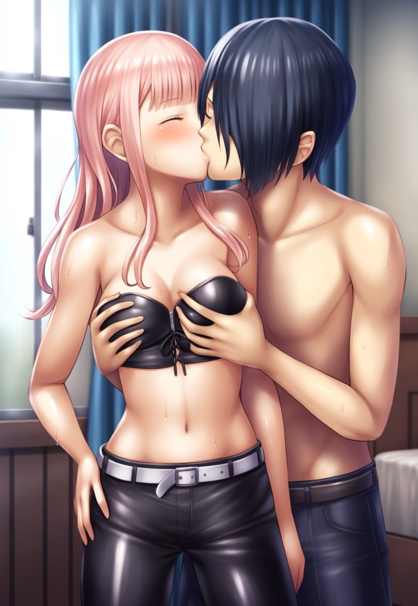 ai_generated bare_shoulders belt black_pants black_strapless fujiwara_chika grabbing_breasts grabbing_from_behind hand_on_own_hip ishigami_yu kaguya-sama_wa_kokurasetai_~tensai-tachi_no_renai_zunousen~ kissing lips midriff nai_diffusion stable_diffusion strapless sweat toned_male topless_male