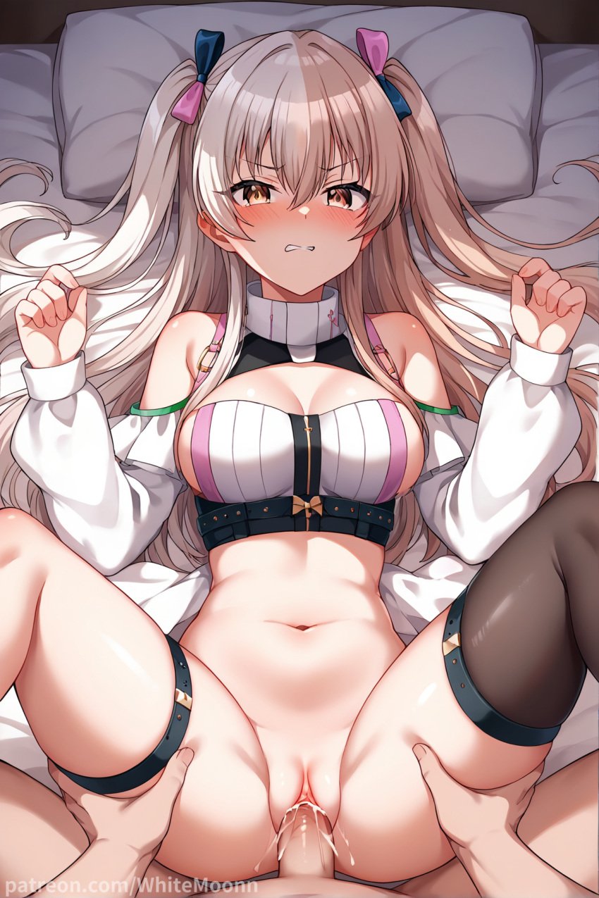 1boy 1girls ai_generated angry boob_window brown_eyes brown_hair cleavage d4dj forced looking_at_viewer on_bed penetration pillow rape ribbon sex shinomiya_kokoa straight thighhighs two_tone_hair white_hair