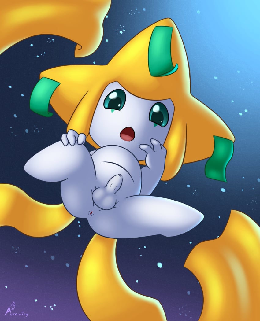 anus aurawing blonde_hair foreskin genitals green_eyes hair hi_res jirachi legendary_pokemon male nintendo nude open_mouth penis pokémon_(species) pokemon pokemon_(species) solo spread_legs spreading video_games white_body