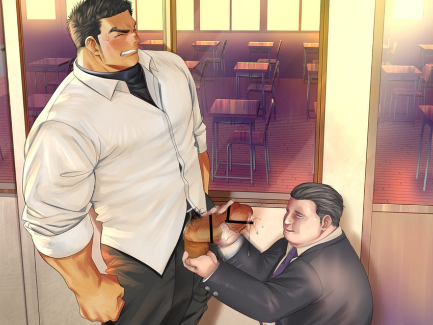 2boys age_difference balls bara beefy big_penis black_hair blurry blush censor_bar censored censored_penis chubby classroom clenched_hand closed_eyes dwarf erection foreskin_folds game_cg gay grabbing_balls gritted_teeth handjob height_difference hi_res holding_balls hunk imminent_orgasm looking_at_penis male male/male male_only mature_male muscles muscular muscular_arms muscular_male necktie original original_character pants_open pecs precum precum_drip pubic_hair scar scar_on_nose school school_chair school_desk school_uniform short_hair sideburns_stubble standing suit sunset sweat sweatdrop thick_eyebrows thick_penis tough_guy unzipped yakisoba_ohmori