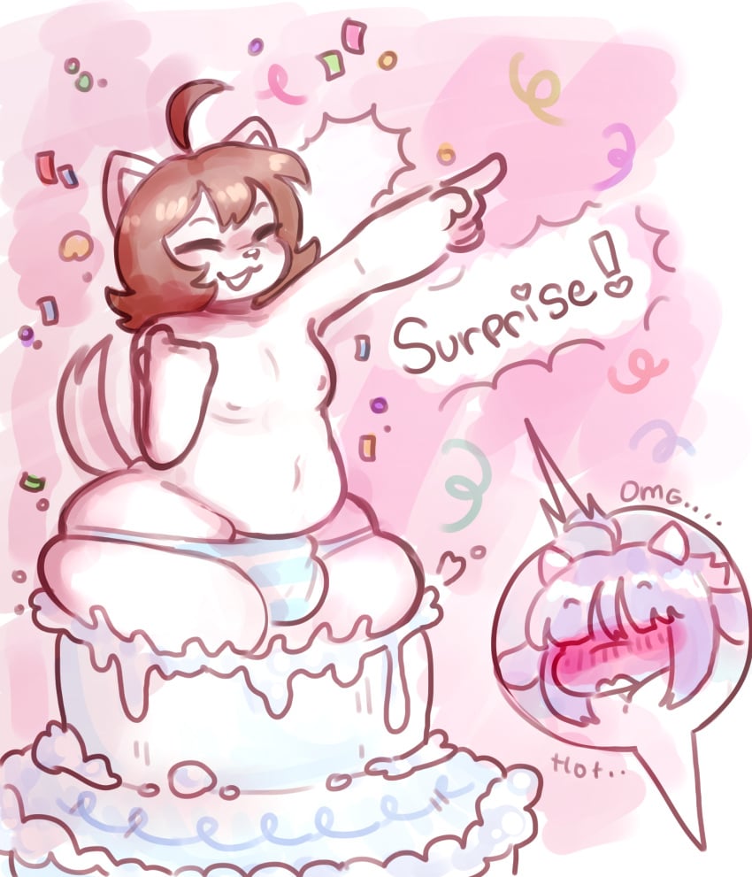 ambiguous_gender andrew_(solo_legend) anthro birthday blush bottomwear bovid bovine bulge cake canid canine canis cattle clothing confetti dessert duo femboy food girly hi_res male mammal panties penelopisspiss small_clothing thick_thighs tight_bottomwear tight_clothing underwear wolf