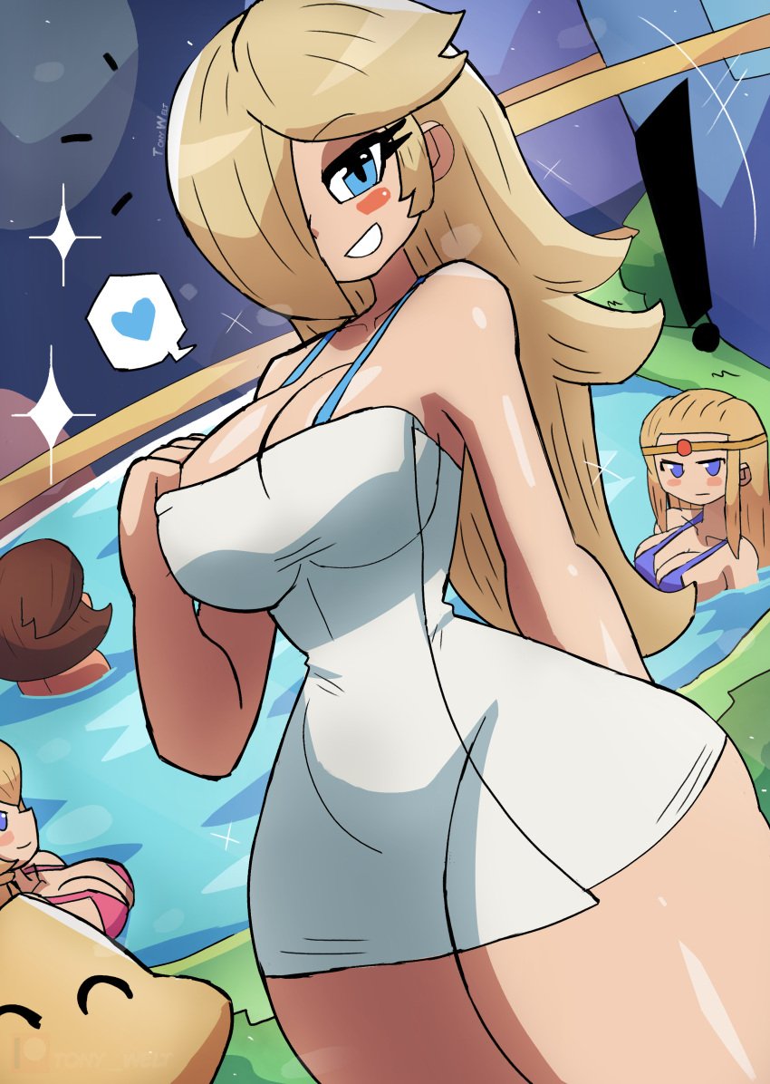 4girls absurdres artist_name bikini blonde_hair blue_bikini blue_eyes blush breasts brown_hair bush cleavage collarbone company_connection crossover grass grin hair_over_one_eye heart highres large_breasts long_hair looking_at_viewer luma mario_(series) moon multiple_girls nintendo pink_bikini pond princess princess_daisy princess_peach princess_zelda purple_bikini purple_eyes rosalina sky smile space sparkle speech_bubble spoken_heart star_(sky) starry_sky steam super_mario_galaxy swimsuit teeth the_legend_of_zelda thick_thighs thighs tiara tony_welt trait_connection water wide_hips