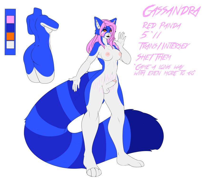 absurd_res ailurid anthro balls black_makeup blue_body blue_fur breasts english_text fur futanari genitals gynomorph hi_res intersex mammal model_sheet nude penis red_panda solo stretch_marks text unusual_coloring