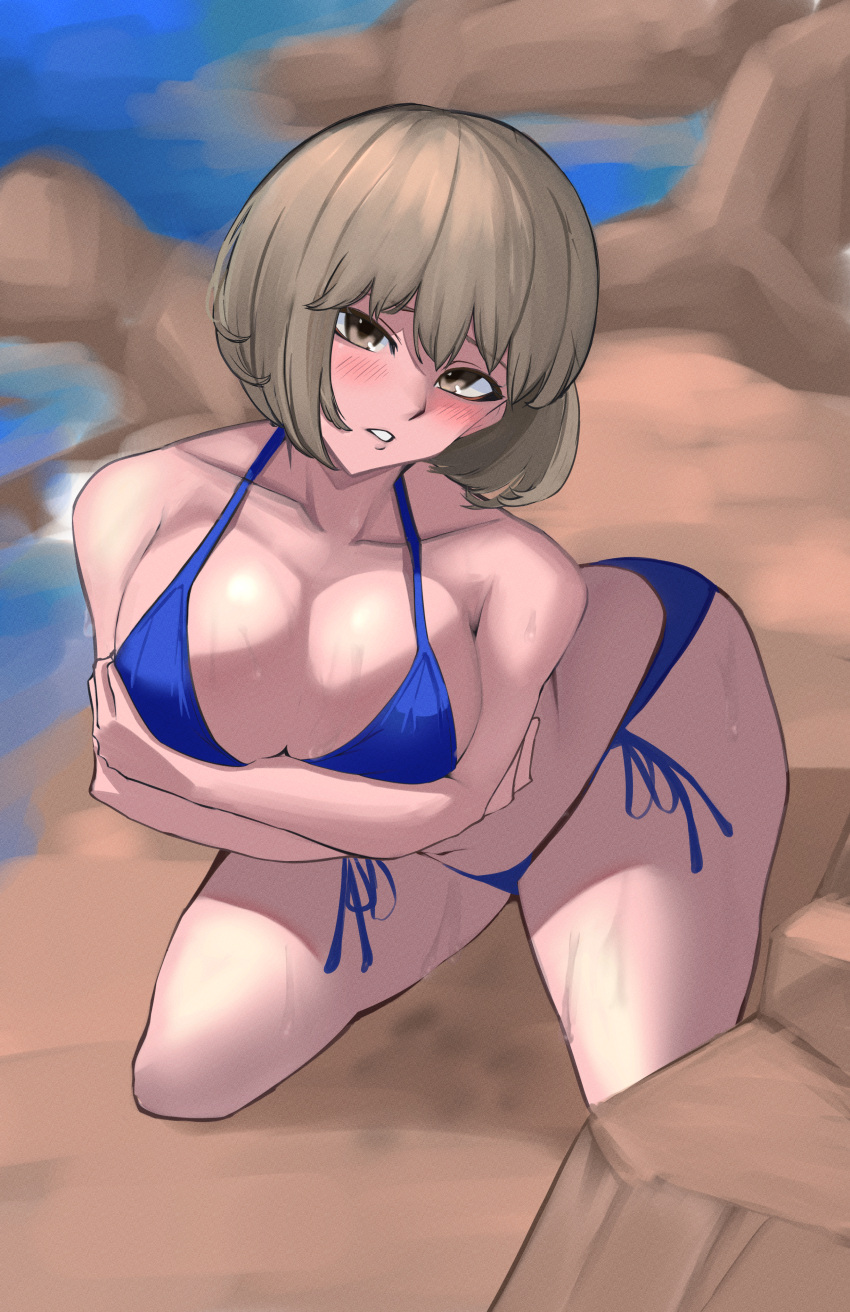 1girls artist_request bikini blush blushing blushing_at_viewer brown_hair devil_survivor_2 looking_at_viewer megami_ibunroku_devil_survivor megami_tensei nitta_io shin_megami_tensei solo solo_female solo_focus