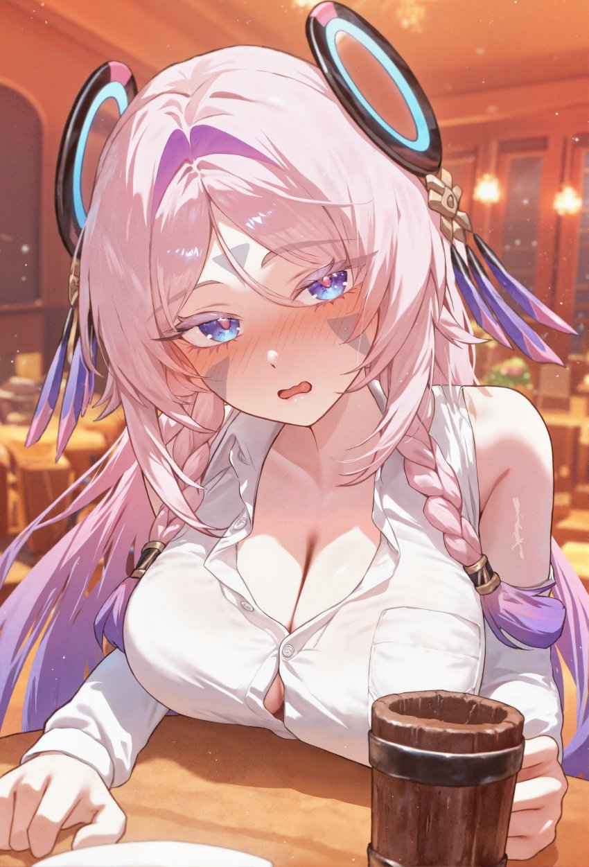 absurd_res ai_generated alcohol bare_shoulders beer beer_mug blue_eyes blurry blurry_background blush braid breast_rest breasts breasts_on_table button_gap citlali_(genshin_impact) cleavage collarbone collared_shirt cup detached_sleeves drunk facial_mark female forehead_mark genshin_impact gradient_hair hair_intakes hair_ornament headgear holding holding_cup indoors large_breasts long_hair long_sleeves looking_at_viewer ministro mug multicolored_eyes multicolored_hair nose_blush open_mouth parted_bangs partially_unbuttoned pink_hair plate pocket pov purple_hair restaurant shaman shirt sleeveless solo symbol-shaped_pupils table taut_clothes twin_braids two-tone_hair upper_body wavy_mouth white_shirt wooden_table