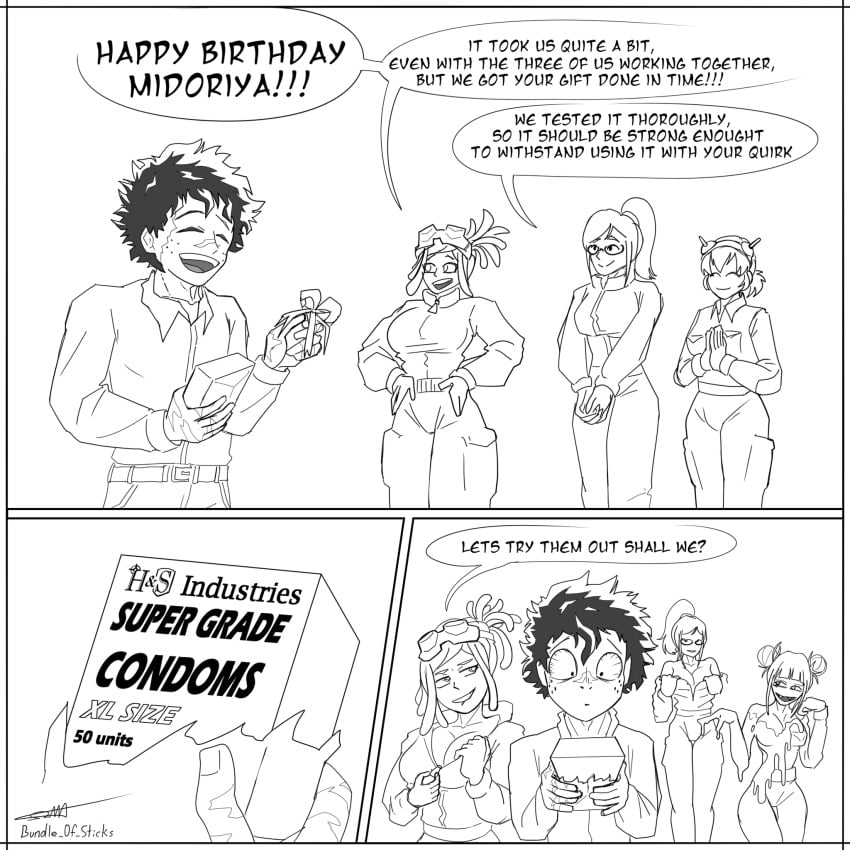 1boy 3girls aged_up biting_lip biting_own_lip bitting_lip black_and_white clothed clothing comic condom condom_box double_bun english_text female gift gift_box greyscale happy_birthday harem himiko_toga imminent_sex izuku_midoriya looking_at_another maina_furasu male mei_hatsume melissa_shield monochrome multiple_girls my_hero_academia scars scars_on_hand tied_hair transformation undressing undressing_self