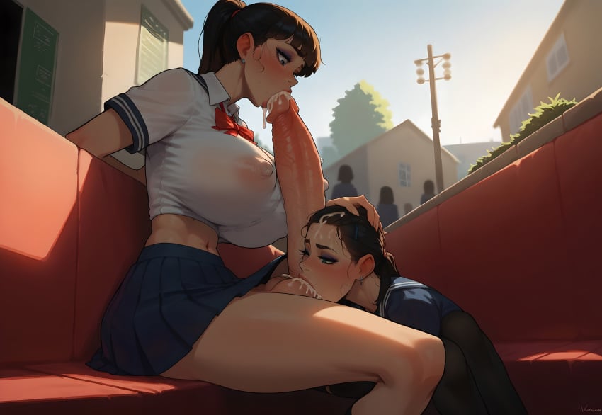 1futa 1girls 2girls ai_generated autofellatio big_breasts big_penis cum cum_in_mouth cumshot female futa_on_female futanari highres huge_breasts huge_cock kneeling large_penis looking_at_another orgasm public school_uniform schoolgirl self_upload sitting supermanson testicle_sucking testicles