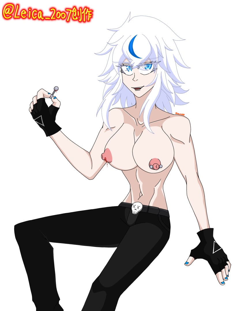 big_breasts blood blue_eyes blue_hair female female_only huge_breasts leica_2007 nails oc solo white.yue_(leica2007) white_hair