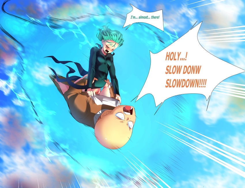 1boy 1girls aura bald blush bottomless clauschristmas commentary cowgirl_position english_text female green_hair highres male midair one-punch_man open_mouth saitama saitama_(one-punch_man) sex sky speed_lines straddling straight superpowered_sex tatsumaki text