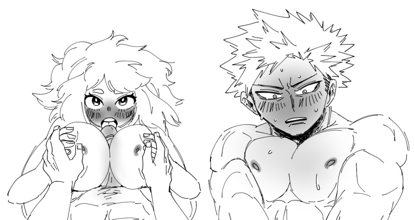 1boy 1boy1girl 1girls black_and_white boobjob breasts couple duskume katsuki_bakugou my_hero_academia ochako_uraraka paizuri spiky_hair titjob