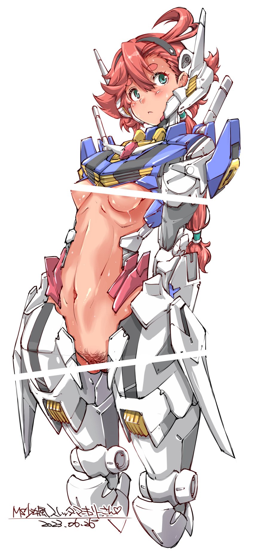 :< absurdres ahoge aqua_eyes armor arms_behind_back bar_censor breasts censored commentary_request cosplay dated female gundam gundam_aerial gundam_aerial_(cosplay) gundam_suisei_no_majo hairband highres long_hair low_ponytail mecha_musume navel nude pubic_hair red_hair signature small_breasts solo suletta_mercury thick_eyebrows white_background yazawa_mana