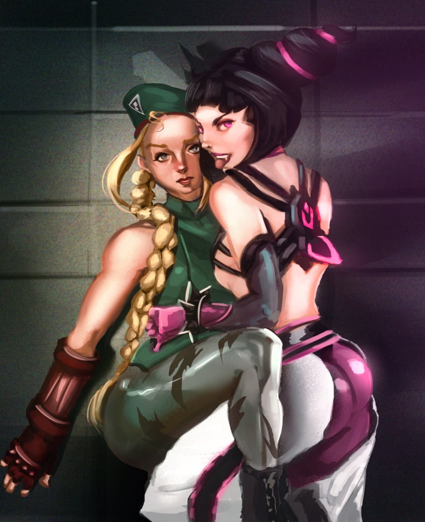 2girls absurd_res ass cammy_white cammy_white_(fortnite) clothed clothed_female female/female female_only fortnite highres hotandimaginary juri_han leg_lift leg_lock street_fighter yuri