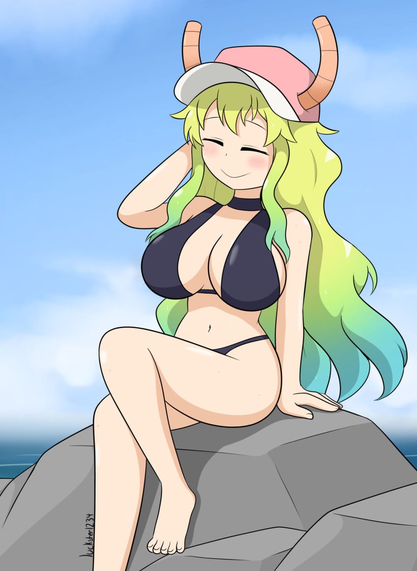 1female 1girls bare_arms bare_legs barefoot baseball_cap belly_button bikini bikini_bottom bikini_top black_bikini blonde_hair dragon dragon_girl dragon_maid female goddess hat horns kobayashi-san_chi_no_maidragon luckster1234 lucoa lucoa_(maidragon) midriff miss_kobayashi's_dragon_maid quetzalcoatl_(dragon_maid) smiling tagme