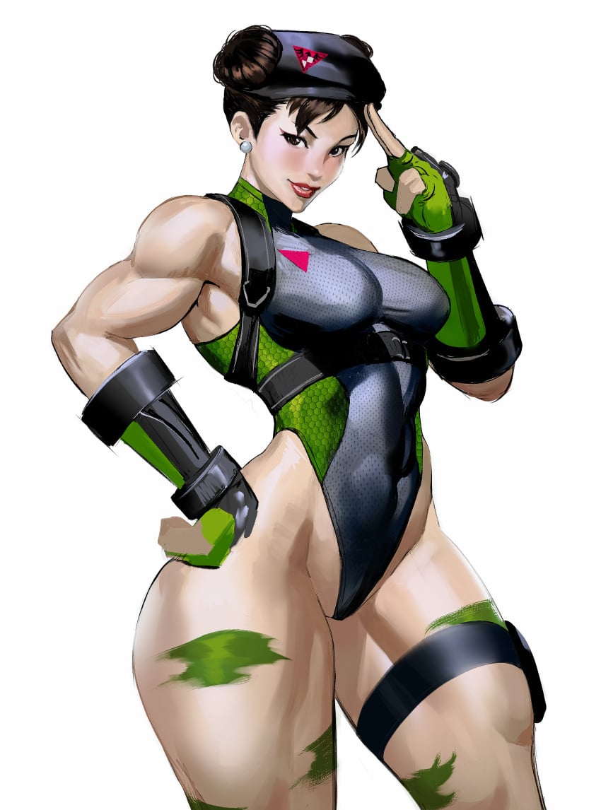 1girl absurd_res artist_request bare_legs beret big_breasts blushing cammy_white_(cosplay) camouflage capcom chun-li cute cute_expression earrings female female_focus female_only fit_female hairbun hi_res insignia leotard light-skinned_female light_skin makeup mature_female milf military_uniform slut slutty_outfit smile smiling street_fighter thick_thighs voluptuous voluptuous_female