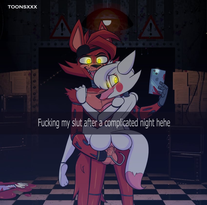 animatronic animatronics anthro_penetrating_anthro anus ass ass_focus assrnstanding_sex big_breasts blood blood_pool blood_puddle breasts female_anthro five_nights_at_freddy's five_nights_at_freddy's_2 fnaf foxy_(fnaf) looking_back looking_back_at_viewer male_anthro male_penetrating male_penetrating_female mangle_(fnaf) nipples penis_in_pussy pink_pussy plump_ pool_of_blood pussy pussy_juice scottgames shy smile stand_and_carry_position text text_box toonsxxx