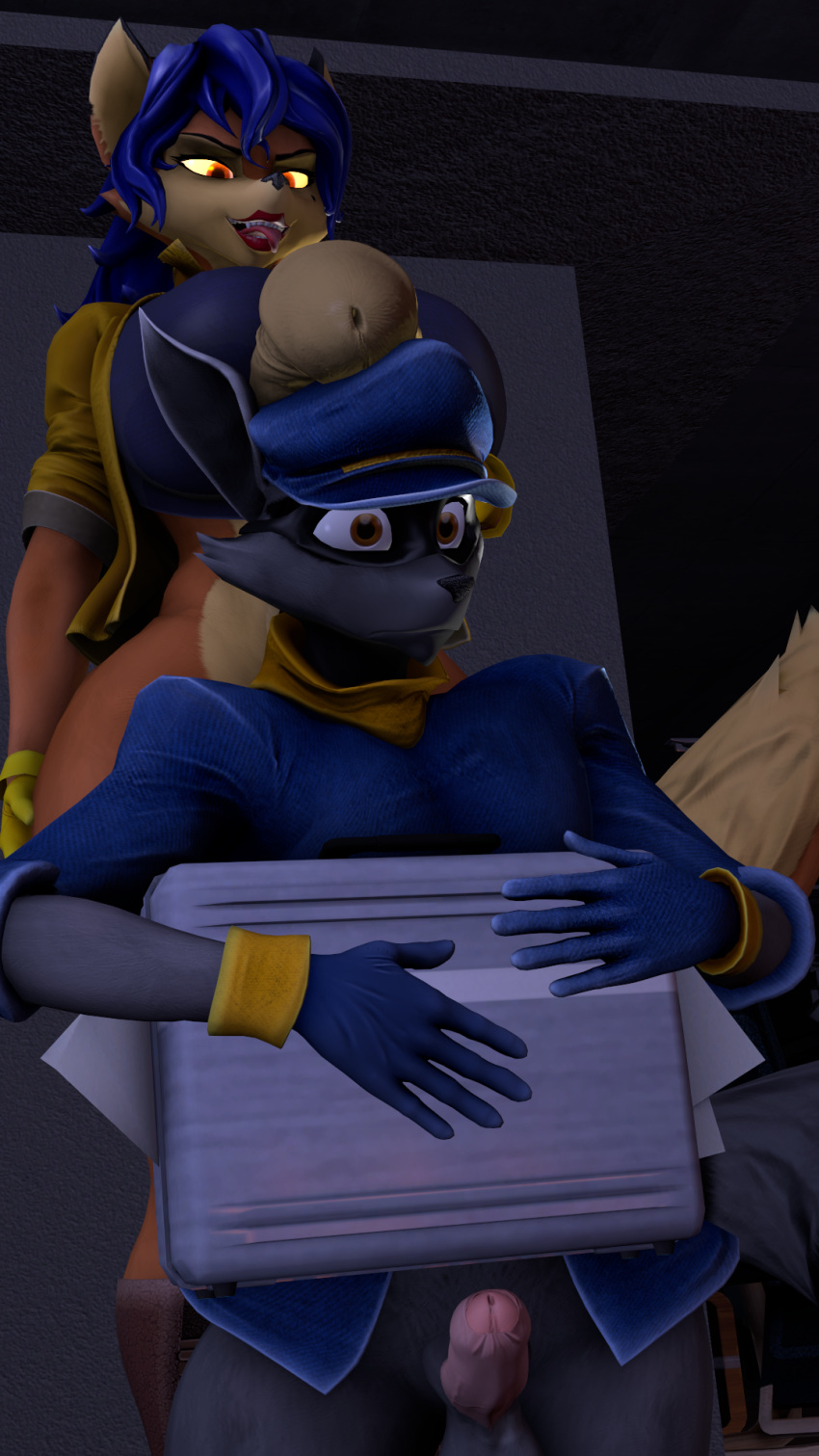 3d 3d_(artwork) anthro big_breasts big_penis blue_hair breasts briefcase carmelita_fox clothed clothing digital_media_(artwork) duo genitals glowing glowing_eyes gynomorph hair hat headgear headwear hi_res huge_cock intersex male ok_bruh pantsless penis sly_cooper sly_cooper_(series) smooth_fur sony_corporation sony_interactive_entertainment source_filmmaker sucker_punch_productions tongue tongue_out topwear video_games warfare_machine