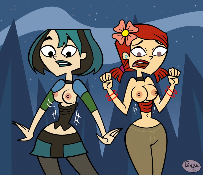 2015 2girls accurate_art_style breasts breasts_out cartoon_network clothed embarrassed exposed exposed_breasts fresh_tv gwen_(tdi) ilpanza looking_down multiple_girls teletoon total_drama:_revenge_of_the_island total_drama_island wardrobe_malfunction zoey_(tdi)