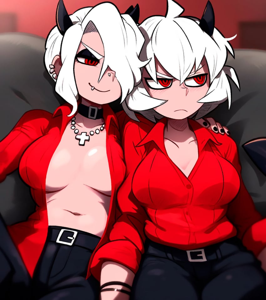 2girls ai_generated belt black_nails black_pants blush breasts choker demon demon_girl demon_horns frown hand_on_another&#039;s_shoulder implied_incest losforry_custom malina_(helltaker) necklace open_shirt pants red_eyes red_shirt sisters sitting smile white_hair zdrada_(helltaker)