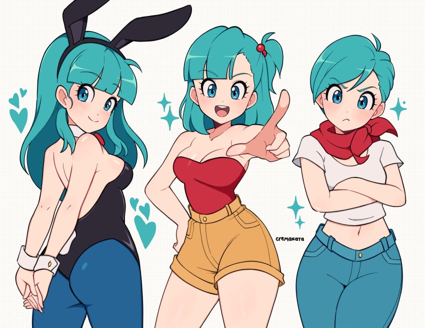 1girls alternate_hairstyle annoyed bandana bangs blue_eyes blue_hair blush bulma_briefs bunny_ears bunnysuit crop_top dragon_ball dragon_ball_super jeans light-skinned_female long_hair mature_female medium_breasts midriff milf non-nude pointing short_hair shorts side_ponytail smile teenage_girl teenager tubetop