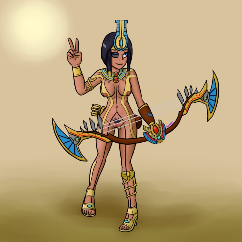 1girls african_mythology black_hair dark-skinned_female dark_skin deity egyptian_mythology female female_only goddess hi-rez_studios middle_eastern_mythology mythology neith_(smite) nude pubic_hair public_domain pussy smite solo v wink