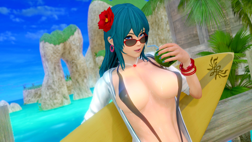 1girls 3d blue_eyes blue_nails breasts byleth_(fire_emblem) byleth_(fire_emblem)_(female) crest_(fe3h) drink earrings female female_only fire_emblem fire_emblem:_three_houses flower hair_flower hotcakesmcnasty large_breasts looking_at_viewer medium_hair nail_polish nintendo ocean open_clothes open_mouth open_shirt outdoors palm_tree red_flower revealing_clothes rock shirt sideboob slingshot_swimsuit smile solo surfboard teal_hair tree