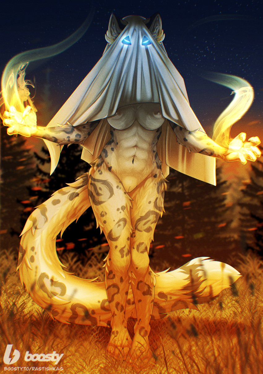 2024 4_toes 5_fingers abs anthro athletic athletic_anthro athletic_female bedsheet_ghost blue_body blue_eyes blue_spots breasts claws covering covering_face detailed_background digital_media_(artwork) elemental_manipulation fabric feet felid female female_anthro finger_claws fingers fir_tree fire fire_manipulation fluffy forest fur genitals glowing glowing_eyes grass grey_body hands_on_fire hi_res inner_ear_fluff khajiit legs_together looking_at_viewer m&#039;ria_(maks_hunt) magic magic_user mammal microsoft navel night nipples nude_female outside pantherine plant pussy rastishka_grasshopper signature sky snow_leopard solo spots spread_arms standing star starry_sky tail the_elder_scrolls toes tree tuft white_body white_claws white_fur wide_hips