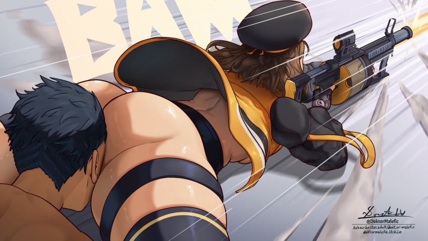 1boy 1boy1girl 1girls anis_(nikke) big_ass big_breasts brown_hair color colored doktor_malefic facesitting femdom goddess_of_victory:_nikke gun military military_hat military_jacket military_uniform short_hair thick_ass thick_legs thick_thighs thighhighs thighs