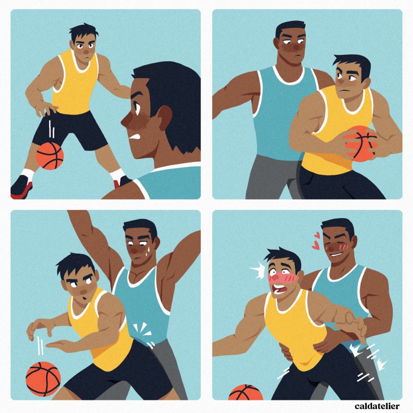 <3 2024 2boys basketball basketball_(ball) basketball_uniform bite biting_lip biting_own_lip blue_background blue_clothing blush caldatelier closed_eyes comic dry_humping duo enjoying from_behind from_behind_position gay grey_clothing heart heart_symbol holding_basketball holding_object human human_on_human human_only humping male male_only motion_lines open_mouth questionable_consent self_bite simple_background smile sports sports_uniform sportswear surprise surprised surprised_expression sweat teeth yaoi yellow_clothing