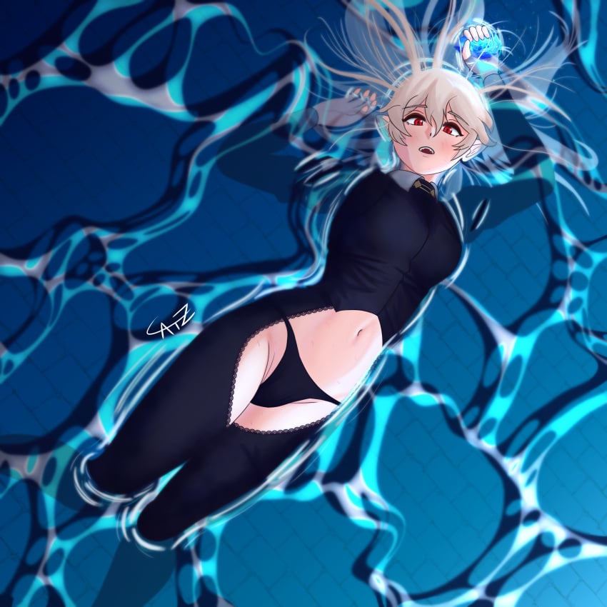 1girls black_panties catz corrin_(fire_emblem) corrin_(fire_emblem)_(female) female female_only fire_emblem fire_emblem_fates floating_on_water grey_hair holding_object nintendo open_mouth panties partially_submerged red_eyes solo solo_female water