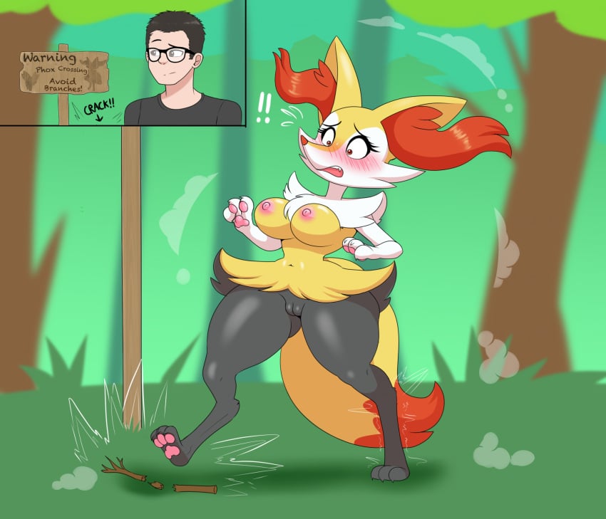 anthro blush braixen canid dipstick_tail feet female flybeeth gender_transformation generation_6_pokemon genitals hi_res human human_to_anthro instant_transformation male mammal markings mtf_transformation nintendo pawpads plant pokemon pokemon_(species) poof_transformation pussy short_stack short_stackification shrinking sign size_transformation small_waist solo species_transformation stick tail tail_markings thick_thighs transformation tree walking