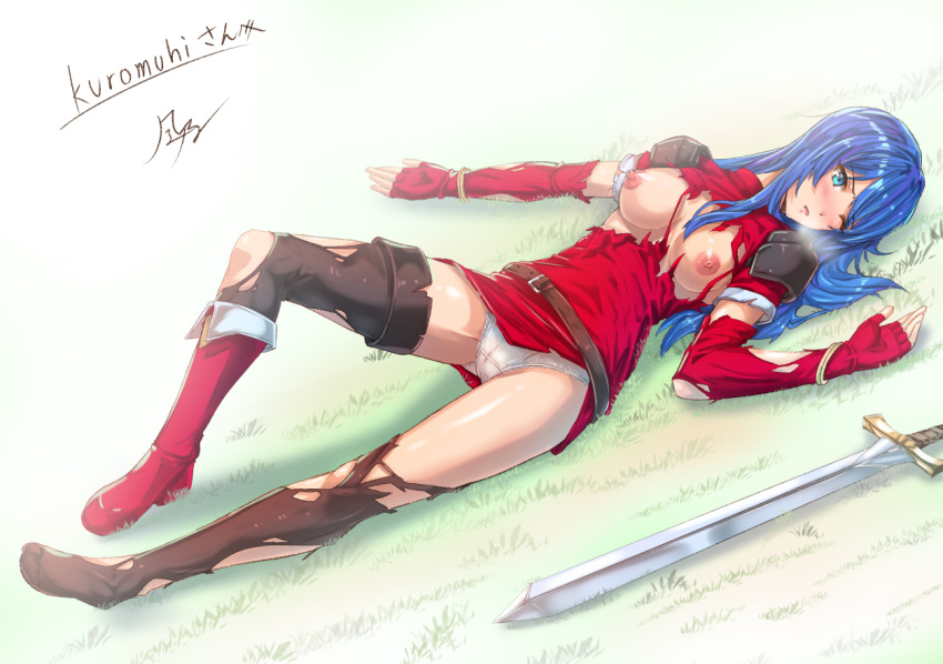 1girls ass_visible_through_thighs bare_legs bare_thighs blue_eyes blue_hair blush boots breasts breasts_out caeda_(fire_emblem) defeated elbow_gloves exposed_breasts female female_only fingerless_gloves fire_emblem fire_emblem:_mystery_of_the_emblem fire_emblem:_shadow_dragon_and_the_blade_of_light gloves heavy_breathing kazeno large_breasts legs long_hair nintendo nipples on_back one_eye_closed outdoors panties solo sword thighhighs thighs torn_clothes underwear weapon white_panties