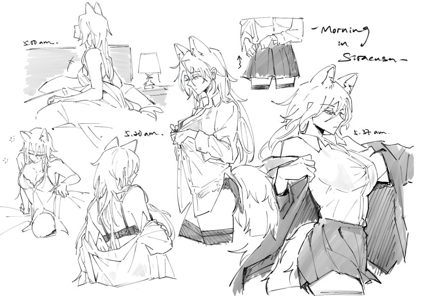 arknights bra dressing large_breasts monochrome morning multiple_views nightgown panties penance_(arknights) skirt solo wolf_girl