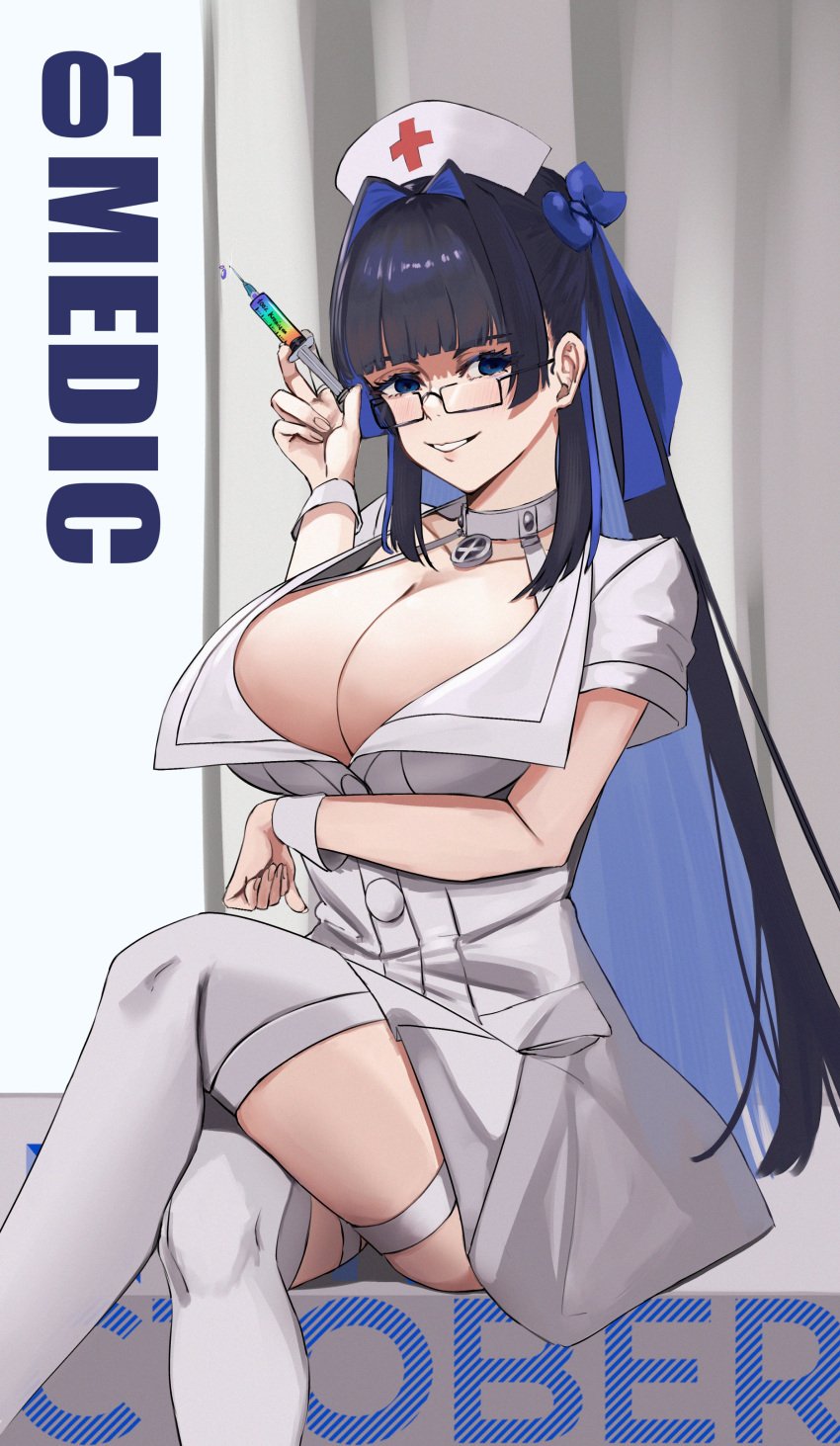 big_breasts blue_hair breasts_bigger_than_head crossed_legs glasses hololive hololive_english hololive_english_-council- hololive_english_-promise- huge_breasts looking_at_viewer naughty_face nurse nurse_uniform ouro_kronii seductive seductive_look syringe thighs virtual_youtuber