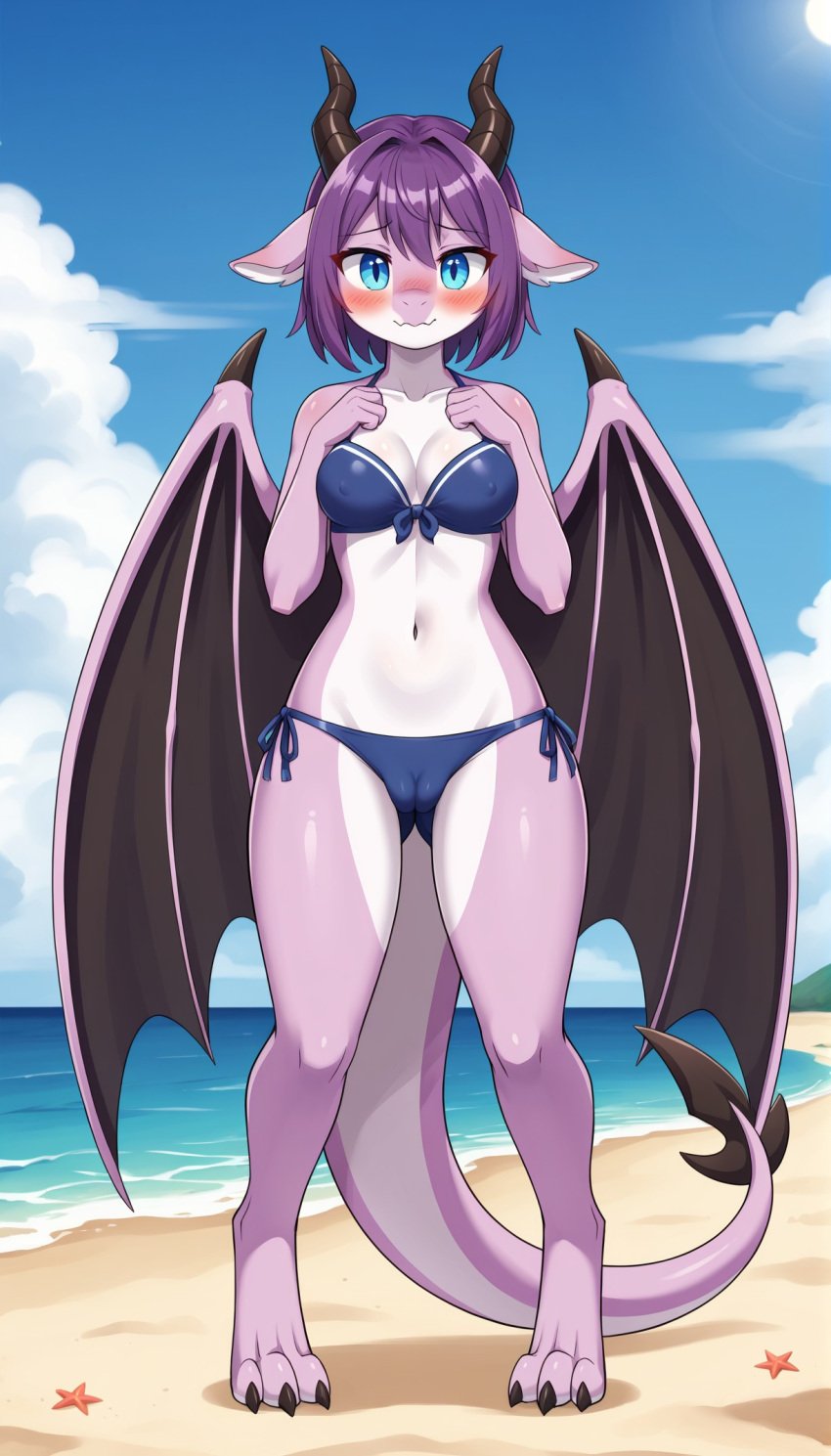 1girls 2024 ai_generated anthro beach bikini blue_eyes blushing blushing_at_viewer cameltoe cleavage curvy_female curvy_figure cute digitigrade dragon ears_down embarrassed female female_only hi_res horns looking_at_viewer looking_down low-angle_view mythological_creature mythological_scalie mythology nipple_bulge outdoors purple_body purple_hair purple_scales reptile scalie seaside short_hair shy slit_pupils white_body white_scales wide_hips wings